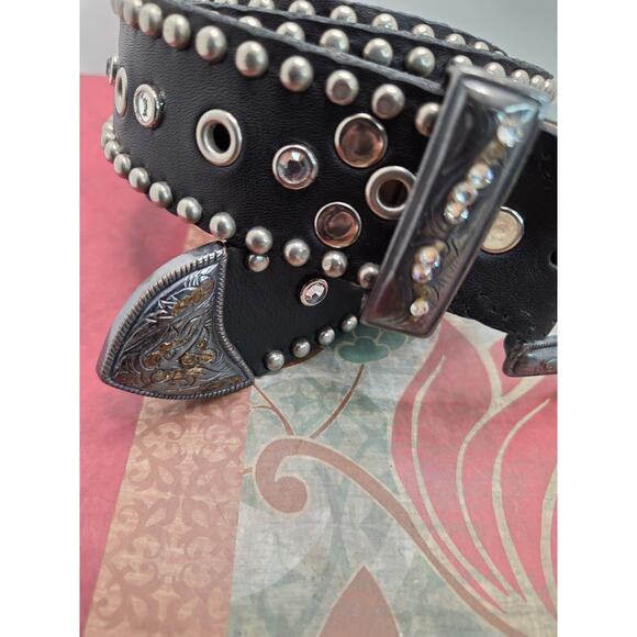 Leather Rock Studded Rhinestone Rocker Belt 1.5” Wide X 34" Black & Chrome - Picture 2 of 11